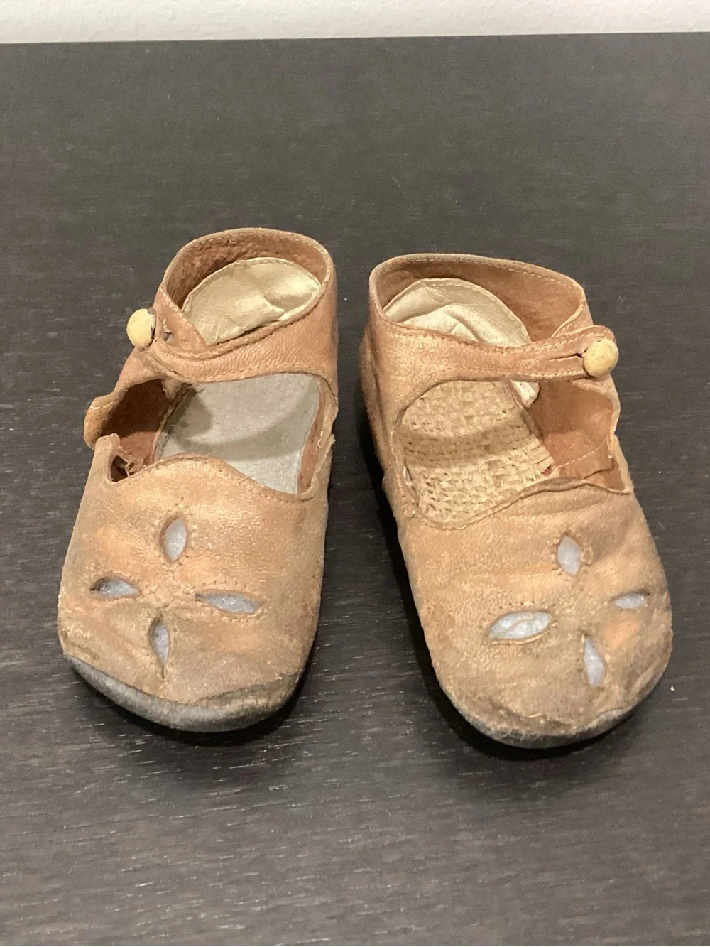 Antique leather baby shoes classic Mary Jane Style.  Distinctive design